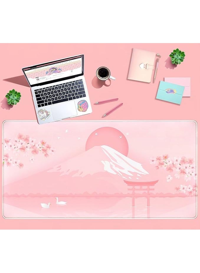 erorex Cherry Blossom Mouse Pad Kawaii Pink Floral Desk Mat，Japanese Pastel Sakura Large Anime Gaming Mousepad XXL，Cute Aesthetic Mount Fuji Japan Keyboard Mats Women Office Desk Pads 31.5''x15.75'' - Image 4
