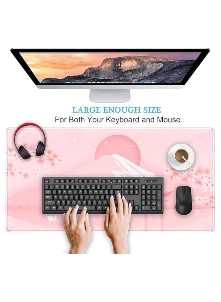 erorex Cherry Blossom Mouse Pad Kawaii Pink Floral Desk Mat，Japanese Pastel Sakura Large Anime Gaming Mousepad XXL，Cute Aesthetic Mount Fuji Japan Keyboard Mats Women Office Desk Pads 31.5''x15.75'' - Image 3