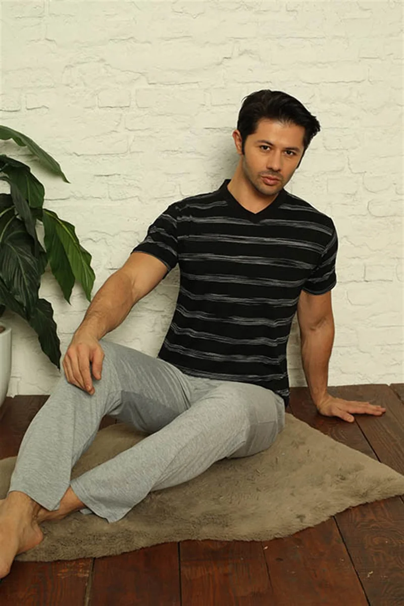 Akbeniz Men's Black V-Neck 3-Piece Pajamas Set 6822