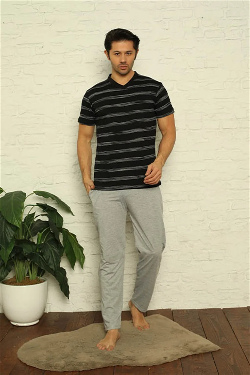 Akbeniz Men's Black V-Neck 3-Piece Pajamas Set 6822