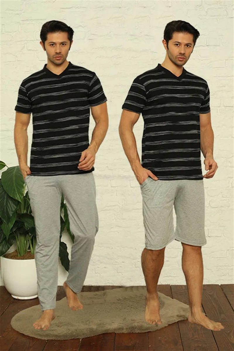 Akbeniz Men's Black V-Neck 3-Piece Pajamas Set 6822