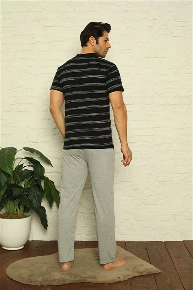 Akbeniz Men's Black V-Neck 3-Piece Pajamas Set 6822