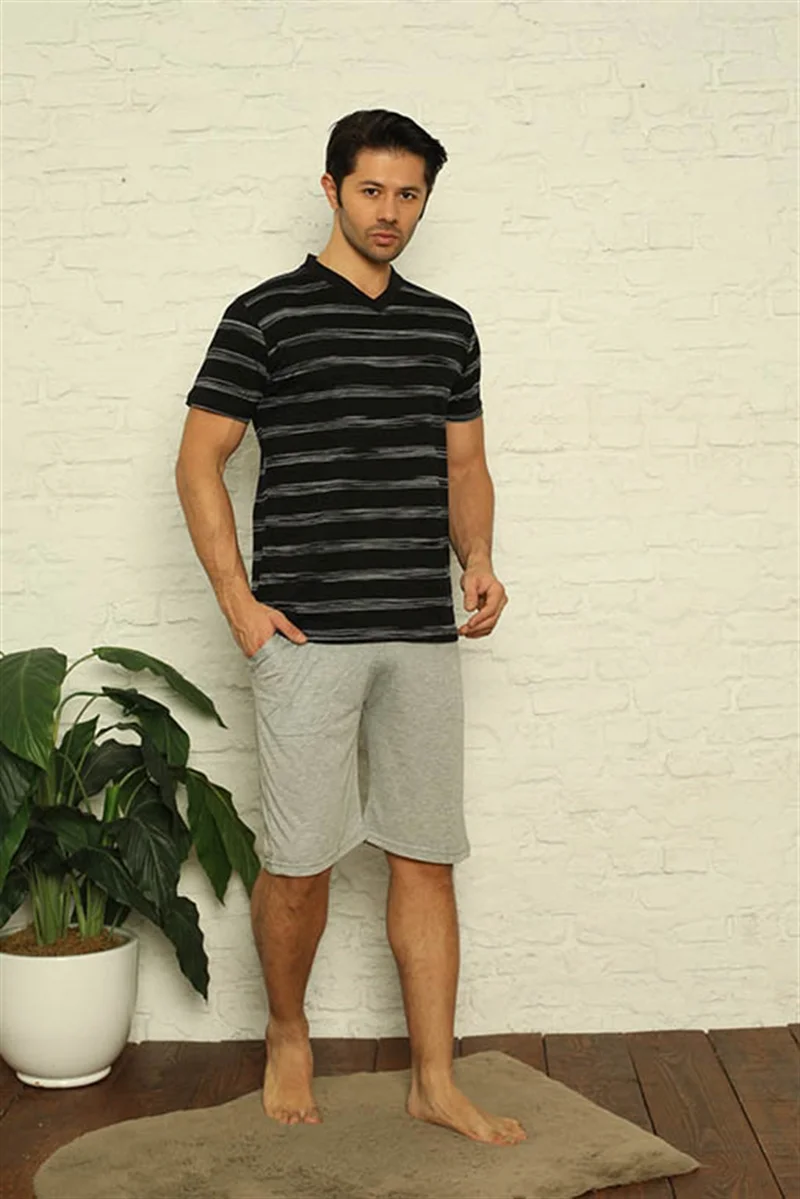 Akbeniz Men's Black V-Neck 3-Piece Pajamas Set 6822