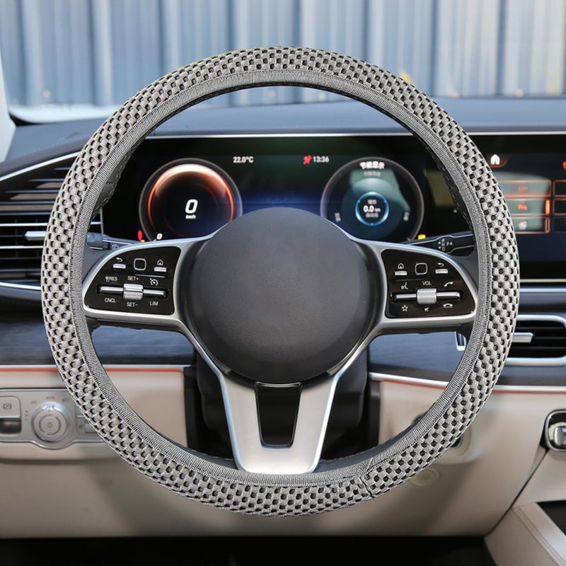 UHANBUT Elastic Stretch Steering Wheel Cover, Anti-Slip 15 inch Microfiber Odorless Breathable Ice Silk Car Steering Wheel Protector, Easy Carry, Warm in Winter & Cool in Summer (Grey) - Image 1