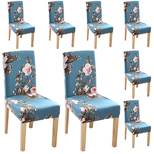 Styleys Polyester Washable Elastic Dining Chair Cover Slipcovers, Sky Blue Flower, Set of 8, SLMC160 - Image 1