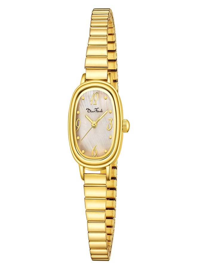 Diaofendi Petite Women's Easy Reader Analog Watch, Rectangular Watch, Stainless Steel Expansion Band, Water-Resistant, Gold-Gold Shell - Image 1