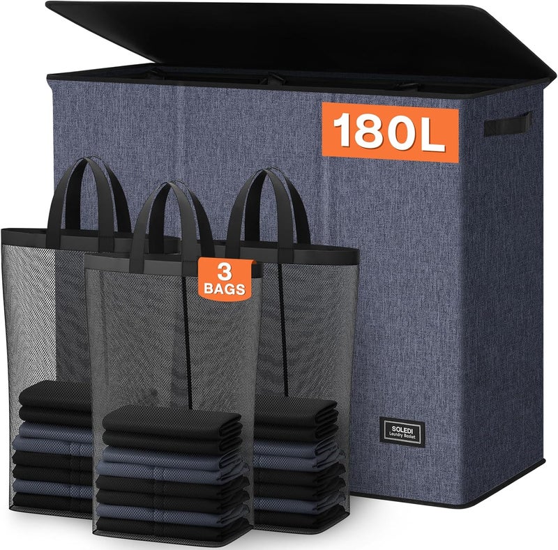 SOLEDI 180L 3-Section Laundry Hamper with Lid, Extra Large Dirty Clothes Basket with Sturdy Handles for Laundry Room & Bedroom - Durable Organizer for Sorting Laundry - Image 1