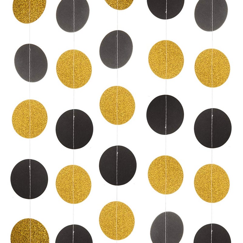 WEVEN Black and Glitter Gold Paper Garland Circle Dots Banner Bunting Streamer Hanging Party Decorations 25 in Diameter 20 Feet in Total
