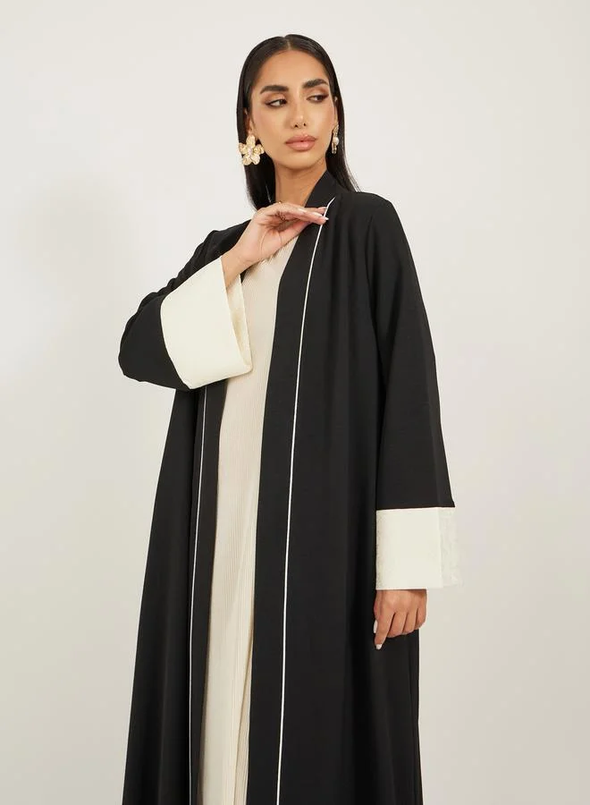 Styli Contrast Jacquard Sleeve Cuff Open A-Line Abaya