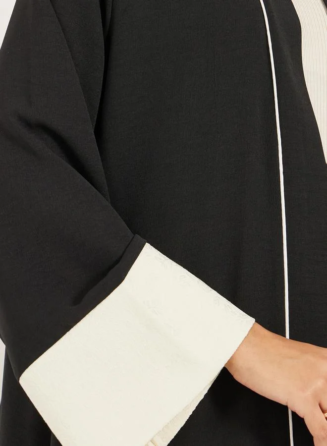 Styli Contrast Jacquard Sleeve Cuff Open A-Line Abaya