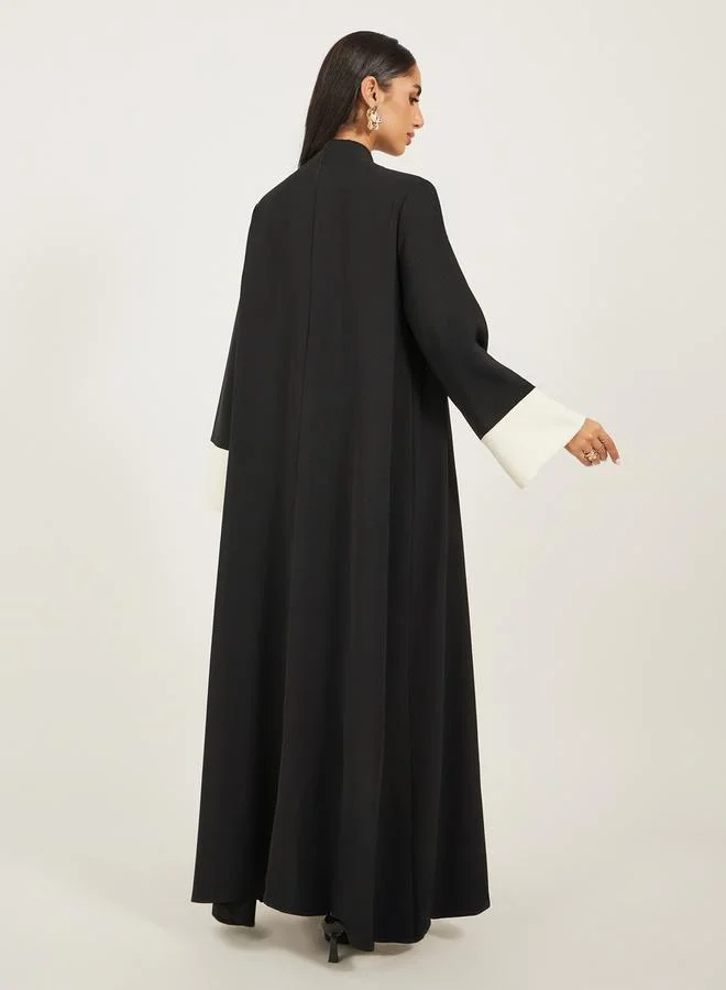 Styli Contrast Jacquard Sleeve Cuff Open A-Line Abaya