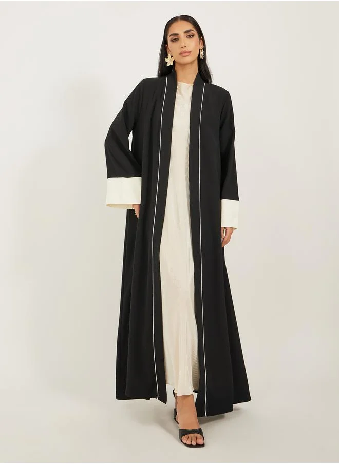 Styli Contrast Jacquard Sleeve Cuff Open A-Line Abaya