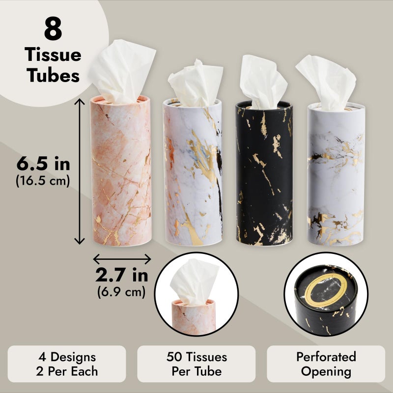 Zodaca 8-Pack Car Tissues Cylinder Boxes - Round Travel Wipes For Car Cup Holder (50 Tissues Per Container  Marble Design) - Image 3