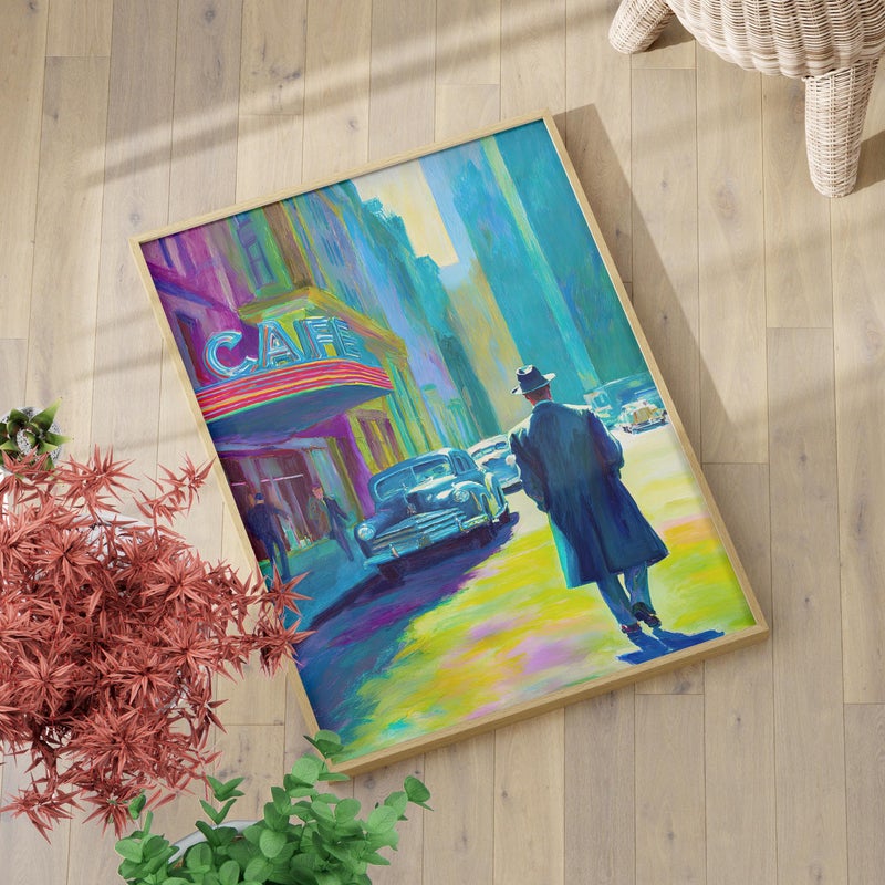 TNESSENTIAL Detective Colorful Neon City Wall Art Poster or Canvas Print, 1940s City Street Painting, Hopper Inspired Vintage Street Scene Wall Decor - Image 1