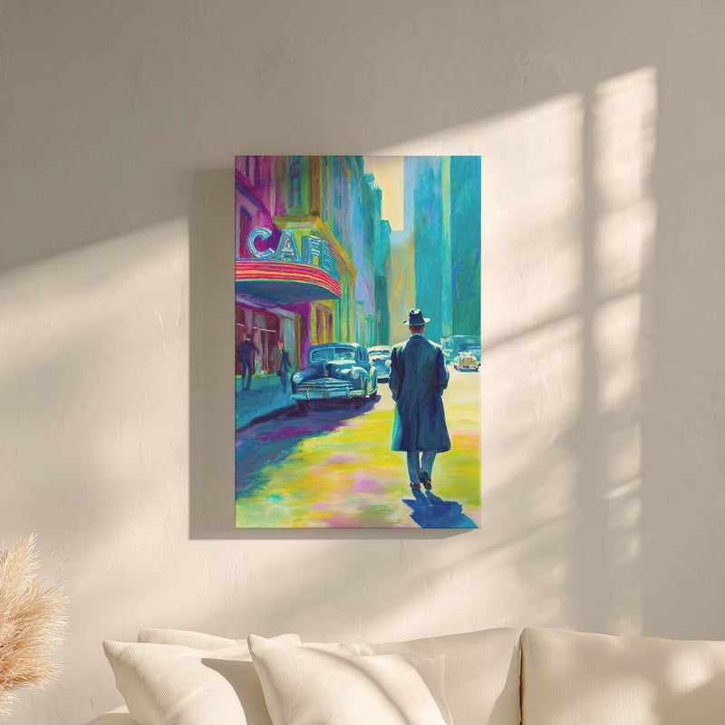 TNESSENTIAL Detective Colorful Neon City Wall Art Poster or Canvas Print, 1940s City Street Painting, Hopper Inspired Vintage Street Scene Wall Decor - Image 4