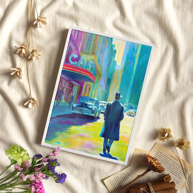 TNESSENTIAL Detective Colorful Neon City Wall Art Poster or Canvas Print, 1940s City Street Painting, Hopper Inspired Vintage Street Scene Wall Decor - Image 3