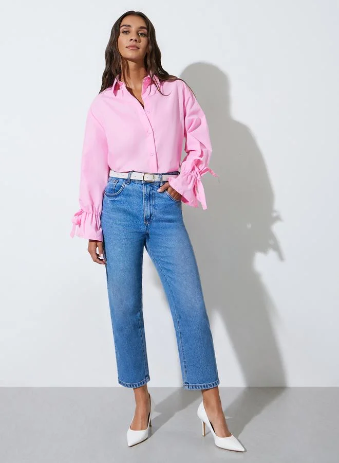 ستايلي Pink Solid Tie-Up Detail Cuffed Long Sleeves Shirt