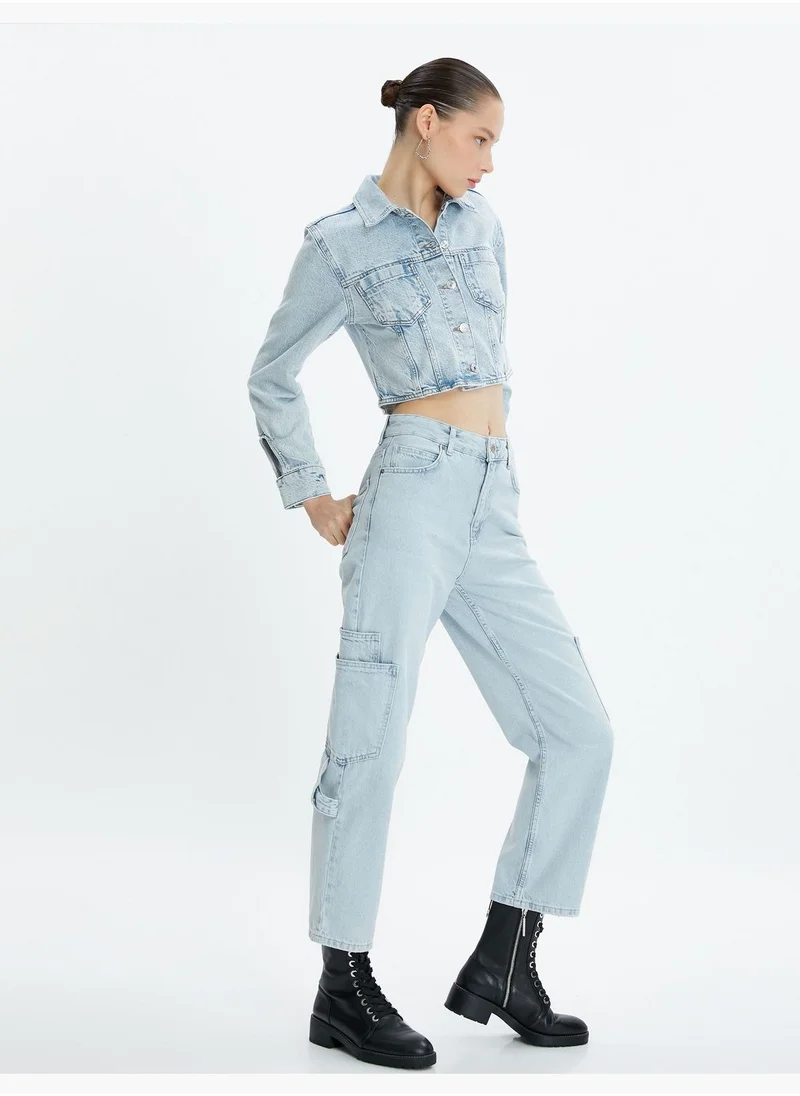 كوتون Cargo Jean Crop Straight Leg High Rise Cotton Pockets  - Eve Jean