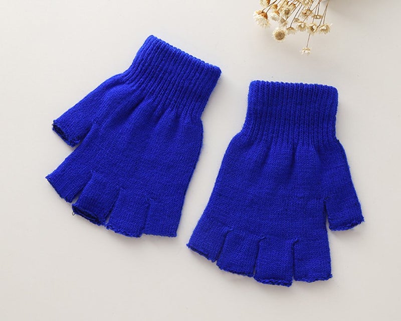 X&F Boys' and Girls' Solid Knitted Half Finger Mittens Typing Gloves, Small, Blue - Image 2