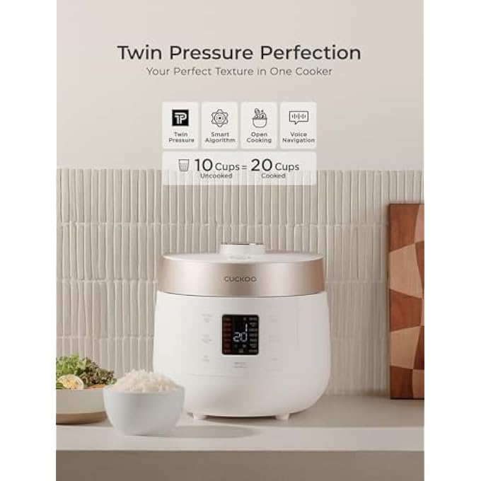 كوكو CrpSt1009Fw طنجرة أرز ضغط مزدوجة مدفأة سعة 10 أكواب غير مطبوخة و20 كوبًا مطبوخًا مع وعاء داخلي غير لاصق و16 خيارًا للقائمة و3 دليل صوتي وتنظيف تلقائي باللون الأبيض - Image 3
