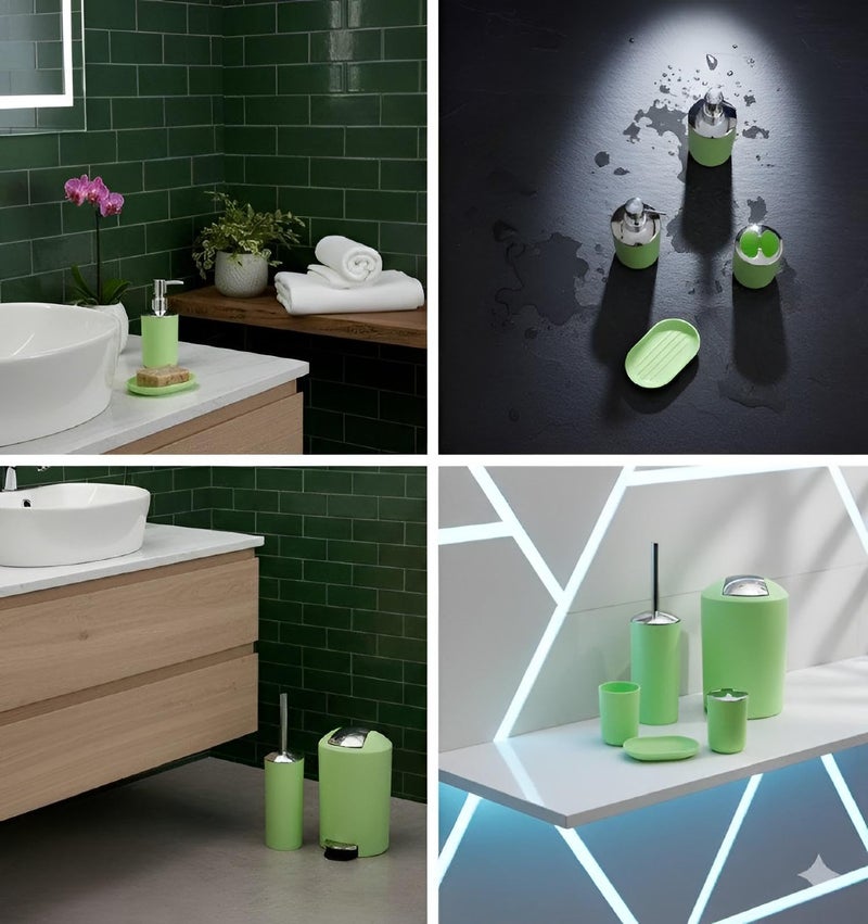 Round Kit - Stylish six item bathroom ensemble includes large three liter ventilated basket, toilet cleaner, liquid soap pump, dual accessory holders and matching soap tray in assorted shades - Image 4