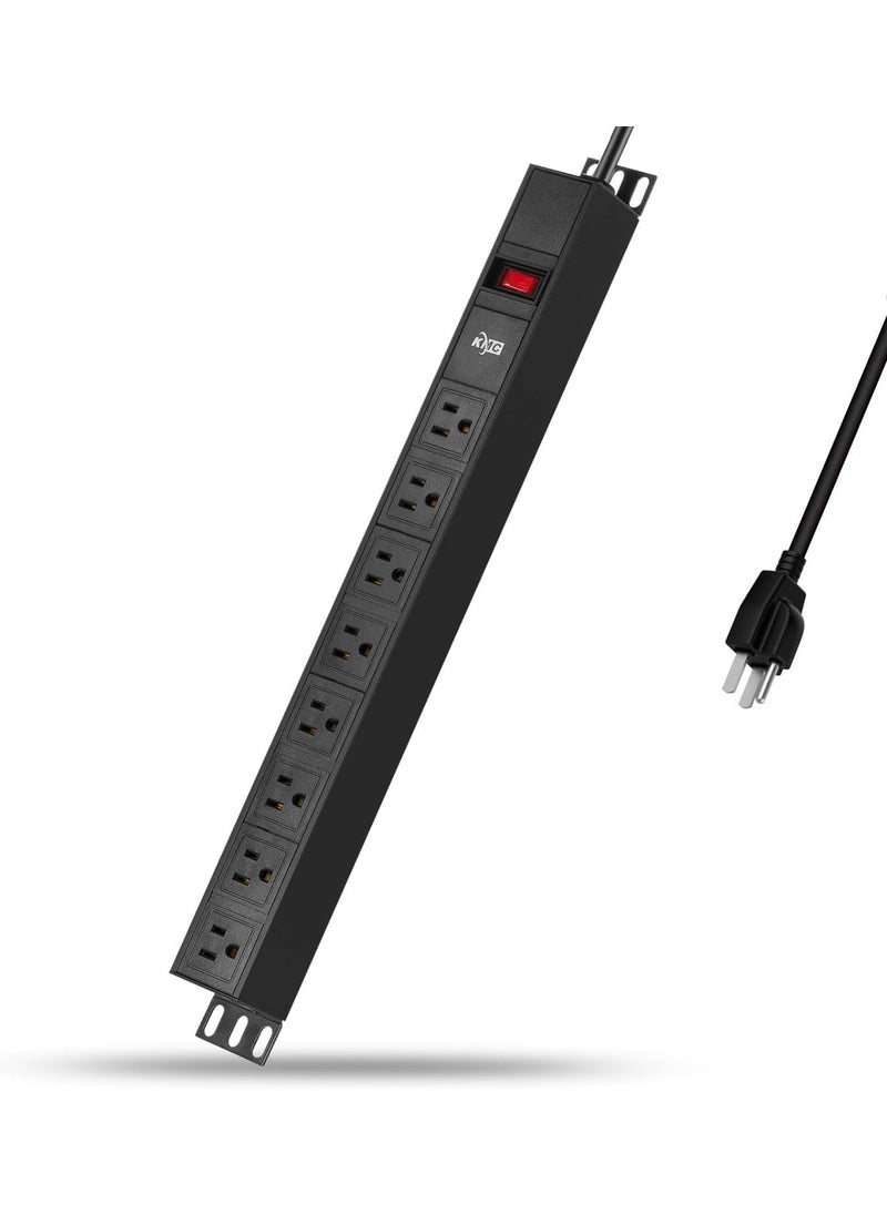 KMC KMC 8Outlet Metal Power Strip Surge Protector Rack Mount PDU Metal Mounting Brackets 6 Foot Extension Cord 1800 Joules 125V15A Black  - Image 1
