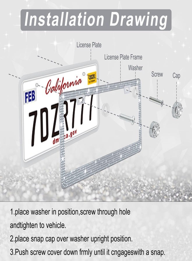اميس إطار لوحة ترخيص سيارة Amiss Bling للنساء، عبوة من قطعتين، مصنوع يدويًا من الفولاذ المقاوم للصدأ الفاخر المرصع بأحجار الراين الكريستالية، إكسسوارات سيارات من الفولاذ المقاوم للصدأ مع أغطية لامعة مرصعة بالألماس (أبيض) - Image 5