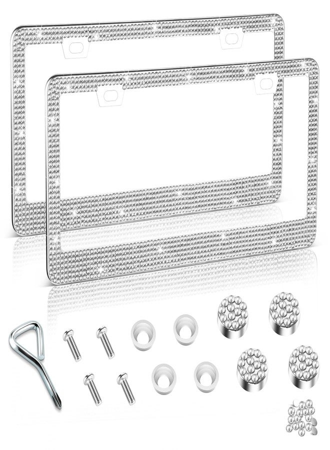 اميس إطار لوحة ترخيص سيارة Amiss Bling للنساء، عبوة من قطعتين، مصنوع يدويًا من الفولاذ المقاوم للصدأ الفاخر المرصع بأحجار الراين الكريستالية، إكسسوارات سيارات من الفولاذ المقاوم للصدأ مع أغطية لامعة مرصعة بالألماس (أبيض) - Image 1