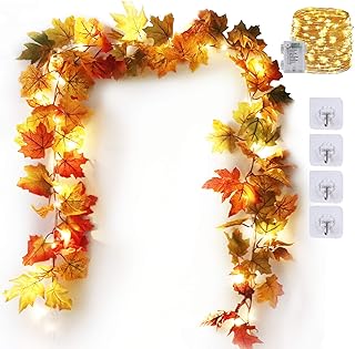 KASZOO KASZOO 2 Pack Fall Maple Garland with LED String Light- 5.8ft/Piece Artificial Fall Foliage Garland Autumn Decor for - Image 1