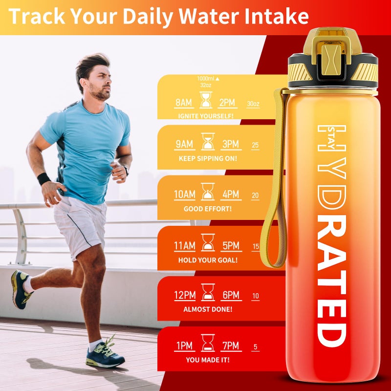 QLUR Water Bottle with Straw, 32oz Motivational Water Bottles with Time Marker to Drink, Tritan BPA Free, 1L Sports Water Bottle with Carry Strap LeakProof for Women Gym Fitness Outdoor (1 Pack) - Image 2