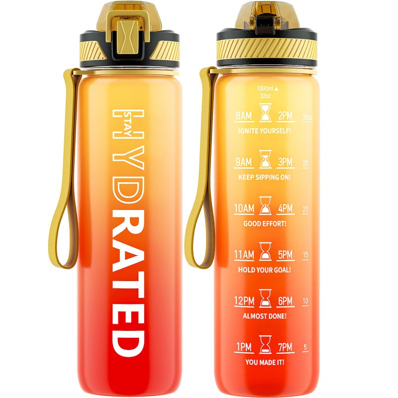 QLUR Water Bottle with Straw, 32oz Motivational Water Bottles with Time Marker to Drink, Tritan BPA Free, 1L Sports Water Bottle with Carry Strap LeakProof for Women Gym Fitness Outdoor (1 Pack) - Image 1