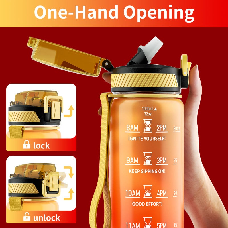 QLUR Water Bottle with Straw, 32oz Motivational Water Bottles with Time Marker to Drink, Tritan BPA Free, 1L Sports Water Bottle with Carry Strap LeakProof for Women Gym Fitness Outdoor (1 Pack) - Image 3