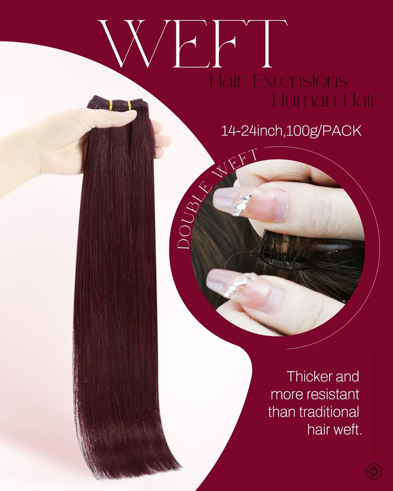 Moresoo Burgundy Weft Sew in Hair Extensions Real Human Hair Weft Extensions Remy Hair Wefts Human Hair Sew in Extensions Red Wine #99J 100g 16inch - Image 2