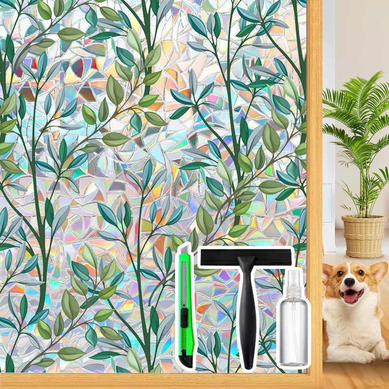 Dwersty Rainbow Privacy Film with Cutting Line, 3D Decals Stained Glass Window Clings, Static Cling Window Sticker, Suncatcher, 17.5" x 78.74" - Image 1