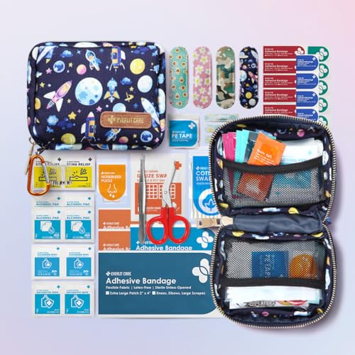 EVERLIT CARE EVERLIT Mini Rescue Pack | 105 Medical Essentials Organized in Portable Storage Bag | Pocket Size Kids First Aid Kit with D Ring | Small Family-Friendly Travel Medical Kit (Space) - Image 2