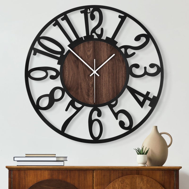 Maxstar Round Wall Clock for Living Room Decor Battery Operated Non Ticking Black Metal Wood Clocks for Home Living Room Garden Office Kitchen Decoration 16 inch