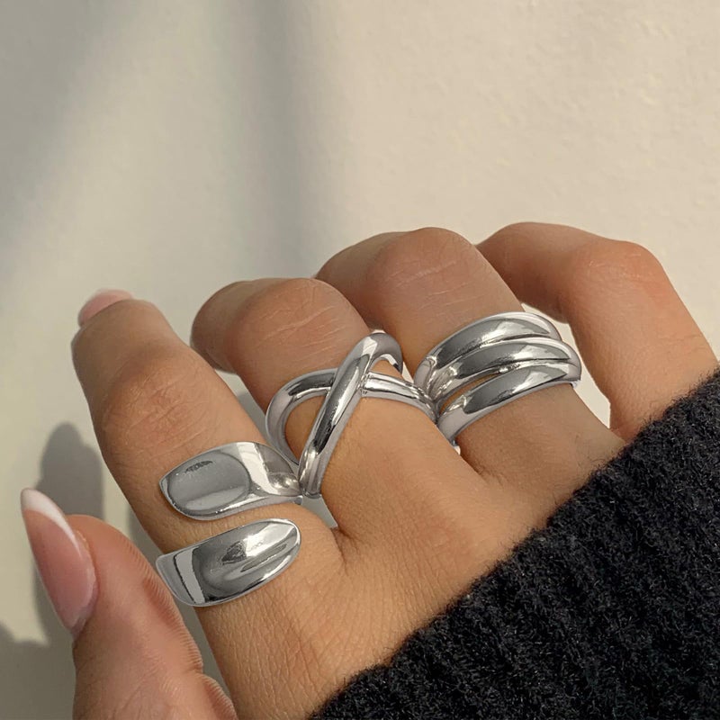 YEEZII Chunky Silver Rings for Women Non Tarnish, 18K Gold Plated Stackable Thumb Ring, Statement Women Rings Set - Image 3
