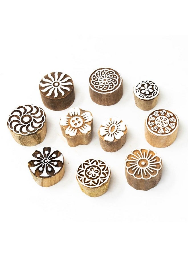 Hashcart Wooden Indian Traditional Design Printing Stamps / Blocks For Printing Saree Border / Dresses / Craft Card Making / Scrapbook / Clay Pottery (Set Of 10)  - Image 1
