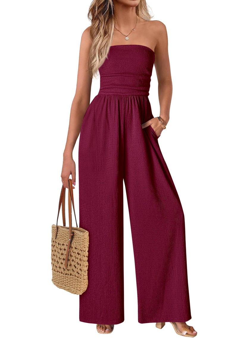 MASCOMODA One Piece Jumpsuits for Women Strapless Smocked Casual Rompers Long Pants with Pockets Vacation Summer Outfits(Burgundy,Small) - Image 1