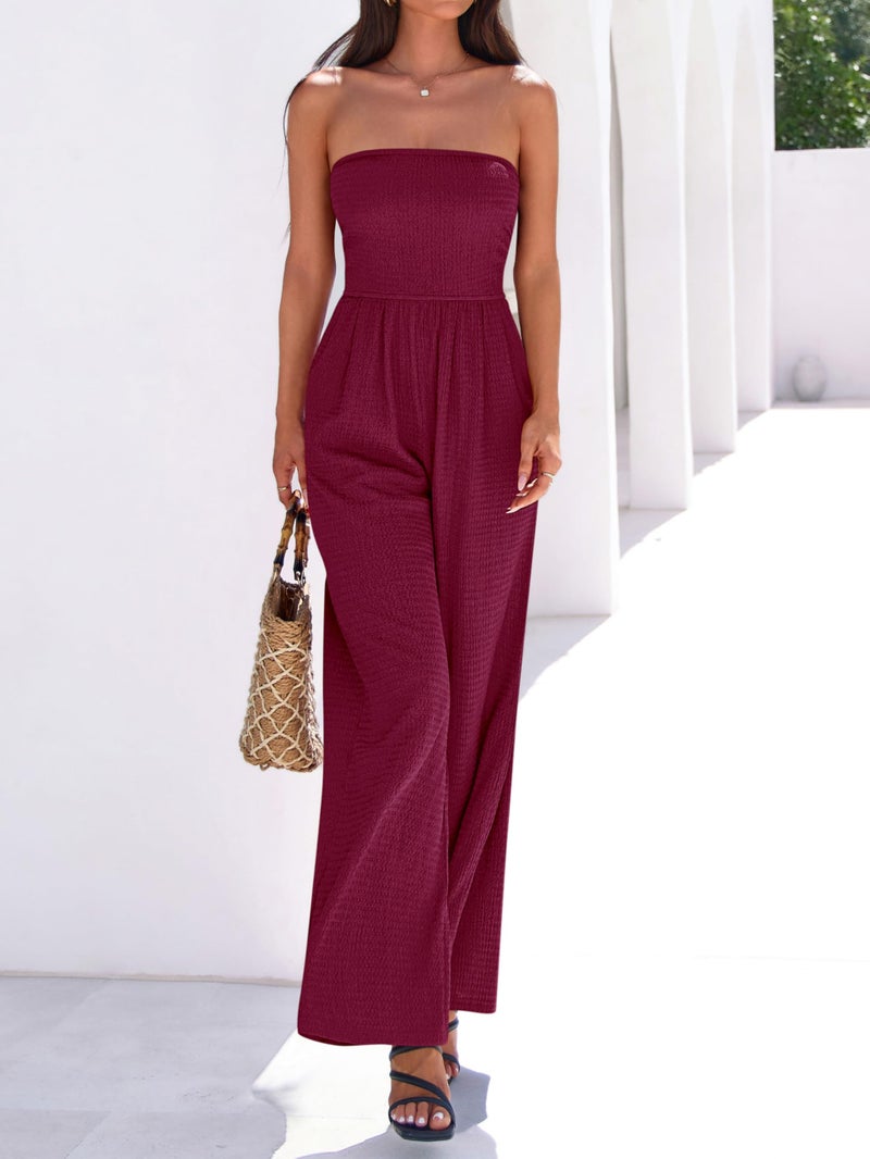 MASCOMODA One Piece Jumpsuits for Women Strapless Smocked Casual Rompers Long Pants with Pockets Vacation Summer Outfits(Burgundy,Small) - Image 5