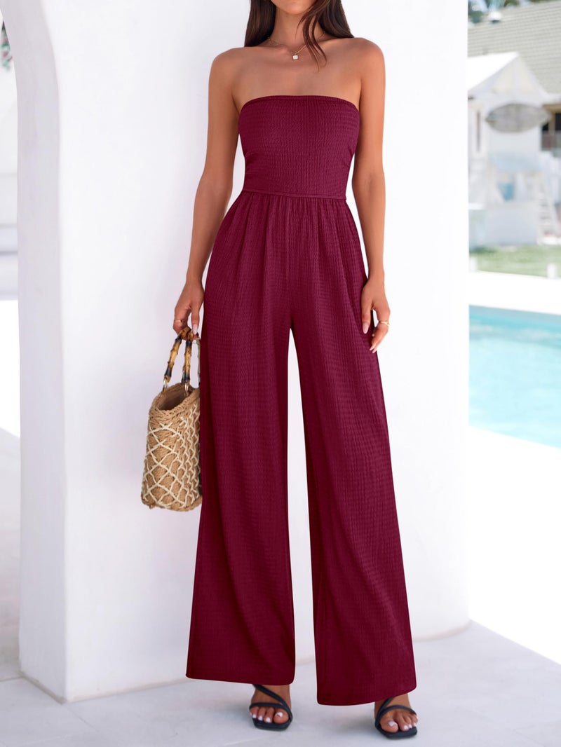 MASCOMODA One Piece Jumpsuits for Women Strapless Smocked Casual Rompers Long Pants with Pockets Vacation Summer Outfits(Burgundy,Small) - Image 3