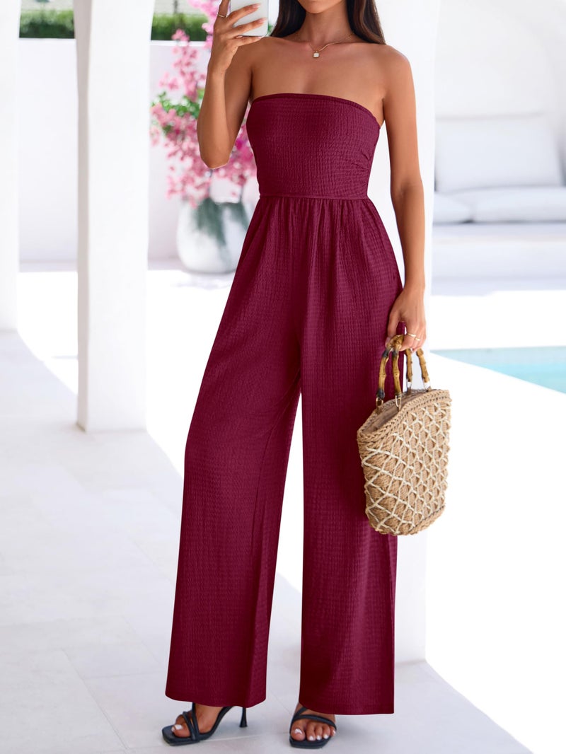 MASCOMODA One Piece Jumpsuits for Women Strapless Smocked Casual Rompers Long Pants with Pockets Vacation Summer Outfits(Burgundy,Small) - Image 2
