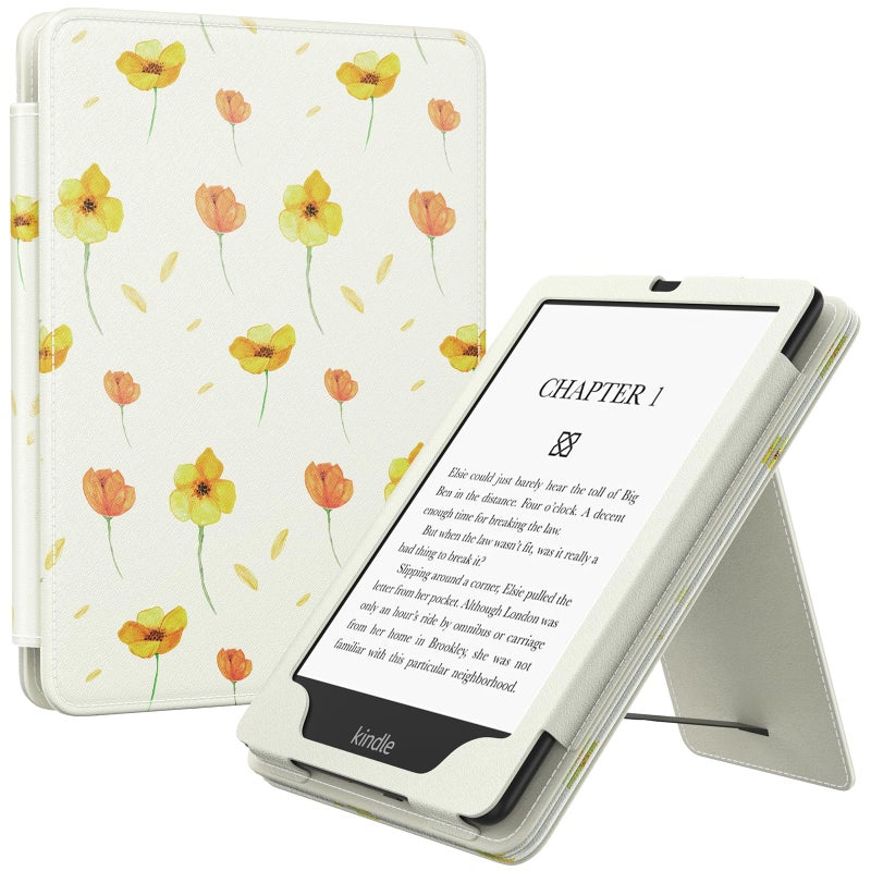MoKo Case for 7"/6.8" Kindle Paperwhite(12th/11th Generation-2024/2021) and Kindle Colorsoft Signature Edition,Slim PU Shell Cover Case with Auto-Wake/Sleep for Kindle Paperwhite 2024,Flowers on White - Image 1