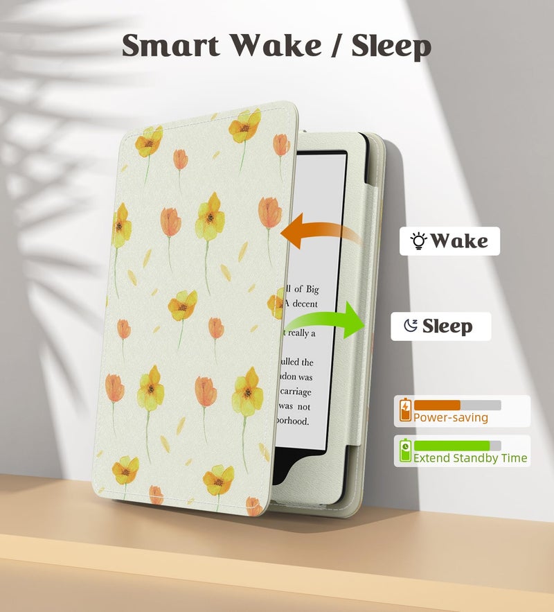 MoKo Case for 7"/6.8" Kindle Paperwhite(12th/11th Generation-2024/2021) and Kindle Colorsoft Signature Edition,Slim PU Shell Cover Case with Auto-Wake/Sleep for Kindle Paperwhite 2024,Flowers on White - Image 5