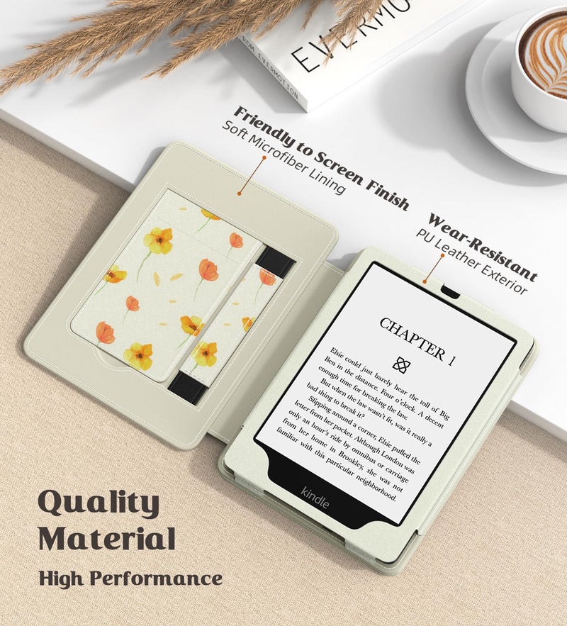 MoKo Case for 7"/6.8" Kindle Paperwhite(12th/11th Generation-2024/2021) and Kindle Colorsoft Signature Edition,Slim PU Shell Cover Case with Auto-Wake/Sleep for Kindle Paperwhite 2024,Flowers on White - Image 4
