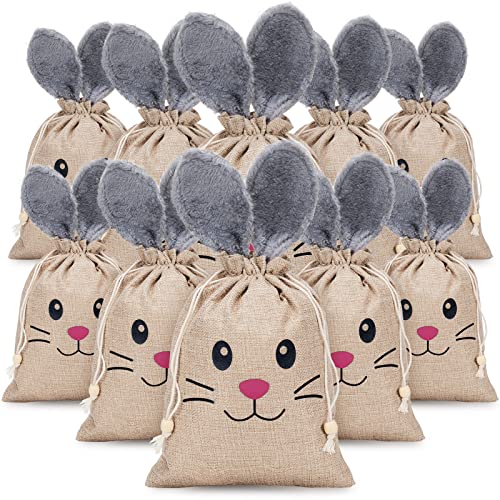 Woanger 10 Pcs Easter Bunny Bags with Drawstring 7.9 x 10.2 Inch Easter Burlap Bags Rabbit Ears Furry Bunny Bag Cookies Chocolate Party Favors Gift Candy Egg Hunts Stuffer for Kids Girls - Image 1