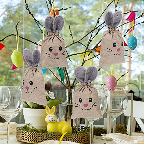Woanger 10 Pcs Easter Bunny Bags with Drawstring 7.9 x 10.2 Inch Easter Burlap Bags Rabbit Ears Furry Bunny Bag Cookies Chocolate Party Favors Gift Candy Egg Hunts Stuffer for Kids Girls - Image 5