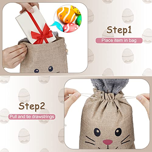 Woanger 10 Pcs Easter Bunny Bags with Drawstring 7.9 x 10.2 Inch Easter Burlap Bags Rabbit Ears Furry Bunny Bag Cookies Chocolate Party Favors Gift Candy Egg Hunts Stuffer for Kids Girls - Image 3