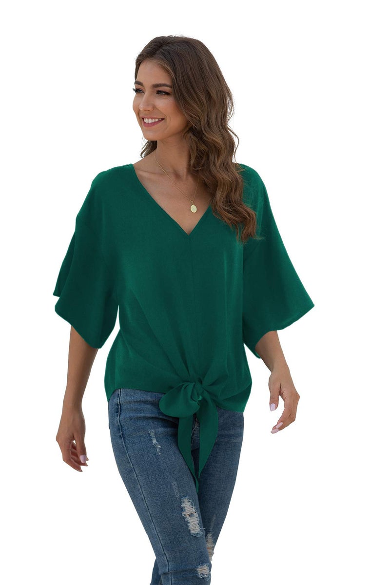 VIISHOW Womens V Neck Tie Knot Front Blouses Bat Wing Short Sleeve Chiffon Tops Shirts(Dark Green,XX-Large) - Image 3