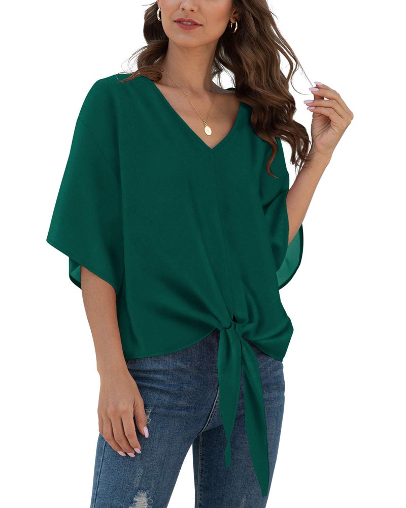 VIISHOW Womens V Neck Tie Knot Front Blouses Bat Wing Short Sleeve Chiffon Tops Shirts(Dark Green,XX-Large) - Image 5